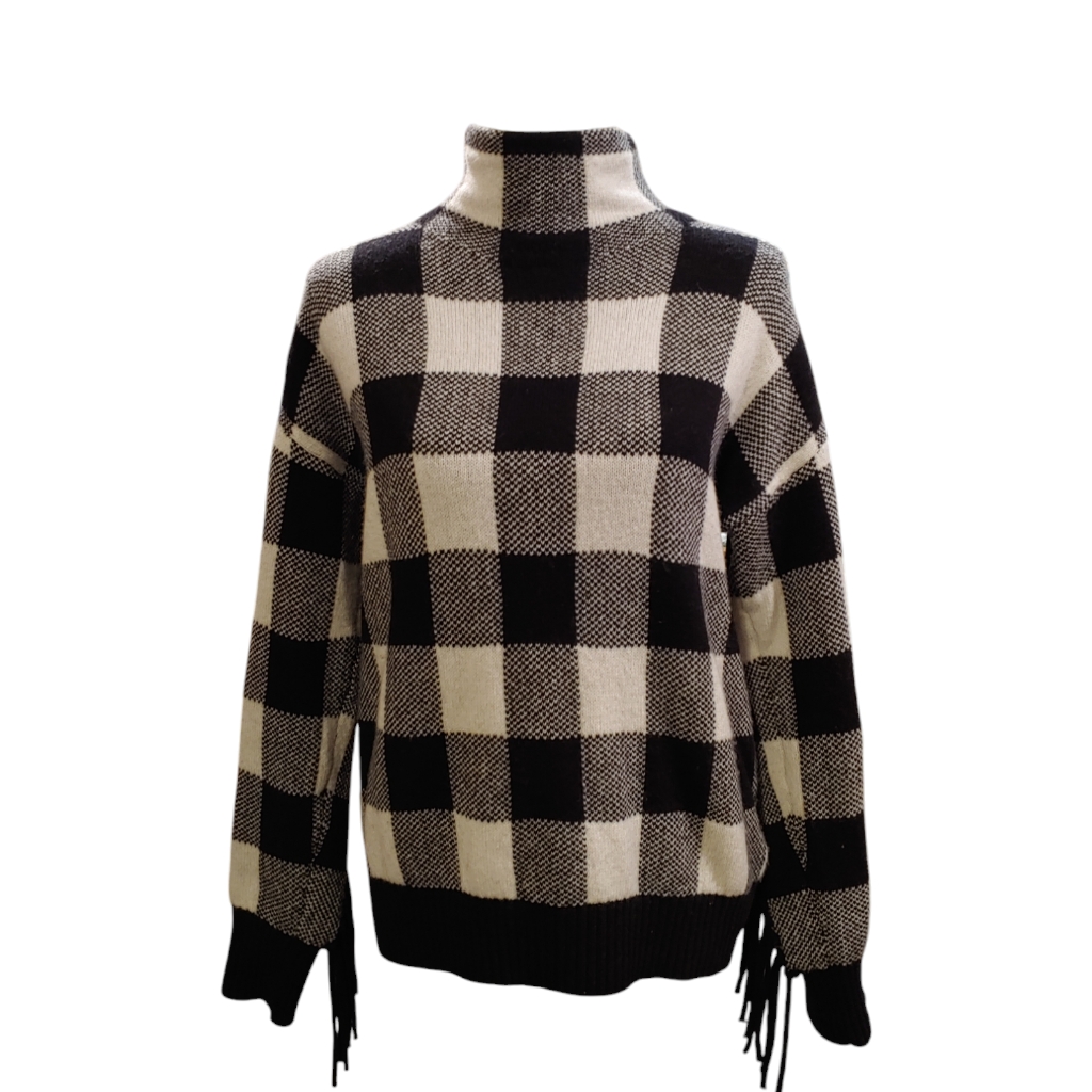 Lauren Ralph Lauren Black Label Sweater Pullover Buffalo Plaid B/W Fringe Wool S
